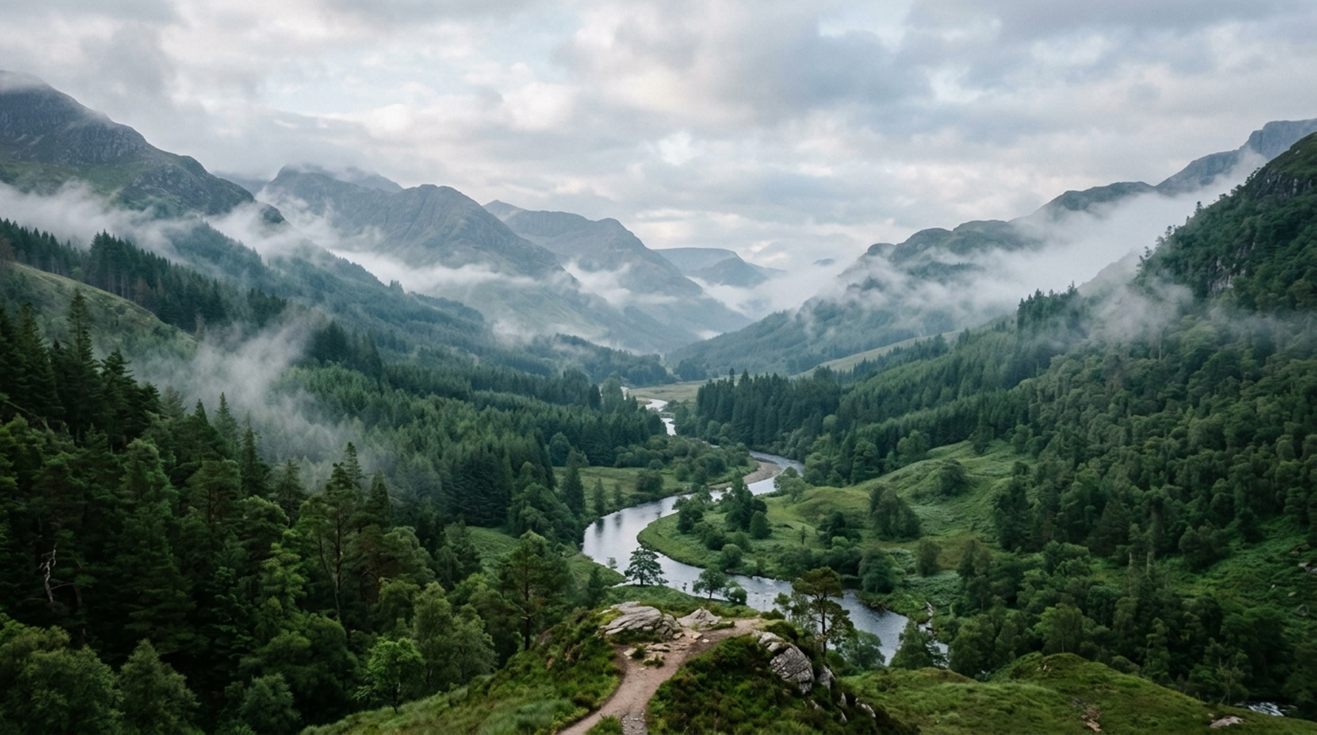 A misted green valley with a river running through it